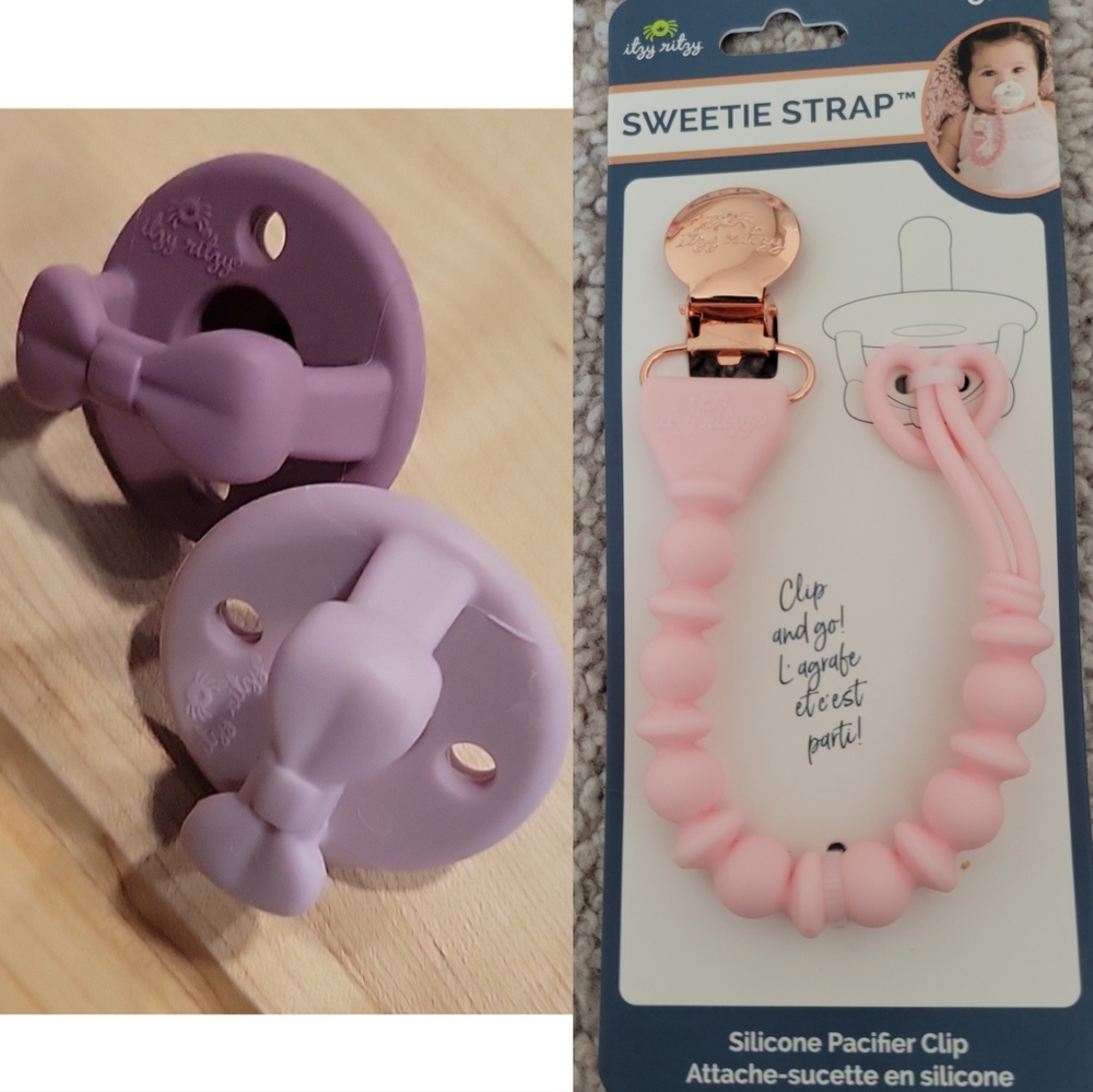 Bundle: Itzy ritzy pacifiers and clip, sweetie soothers and strap
